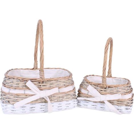Set di 2 cesti rettangolari in vimini con fiocco e fodera, 26x26H15/36 cm (1/3)
