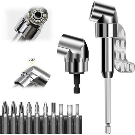 Renvoi d'Angle Visseuse Kit, 2025 Nouveau modèle Tête de tournevis incurvée multifonction, Embout Visseuse Axe hexagonal de 1/4 pouce Pour garages, travailleurs de la constructionf (Longue + Courte) (1/4)