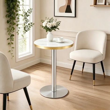 Table d'appoint ronde moderne, plateau effet marbre avec bordure dorée, structure métallique robuste noire/dorée/argentée, idéale comme table basse, table de chevet ou table de balcon. (1/4)