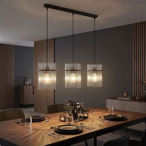 Lampada a sospensione lampada da soggiorno lampada a sospensione lampada da sala da pranzo plafoniera, metallo nero, aste in vetro fumé, 3 lampadine E27, L 80 cm