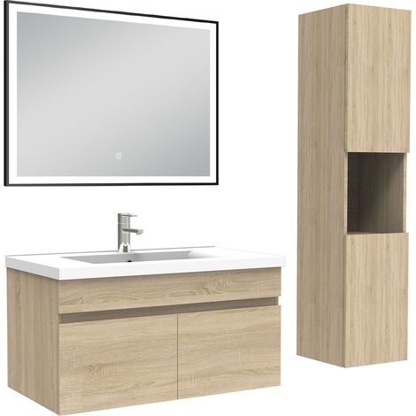 Océan Meuble simple vasque 80cm avec colonne et miroir lumineux 3 couleurs chêne wotan (1/5)