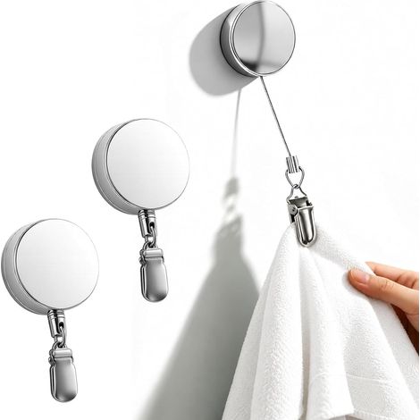 Fermagli per asciugamani senza foratura (set da 2) – Porta asciugamani adesivo con cavo in acciaio retrattile – Ganci adesivi per strofinacci e asciugamani da bagno – Accessori per il bagno (1/5)
