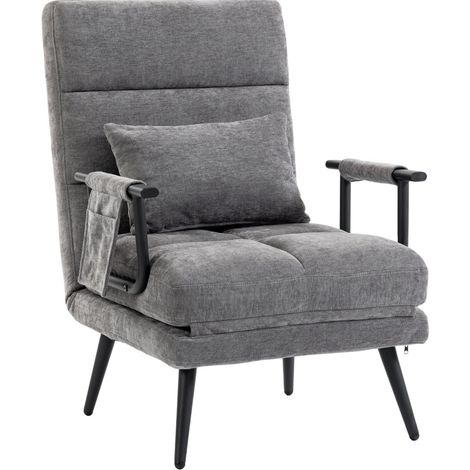 Sillón convertible 186x60 cm 3-en-1 con respaldo regulable en 5 posiciones, estructura metálica gris (1/5)
