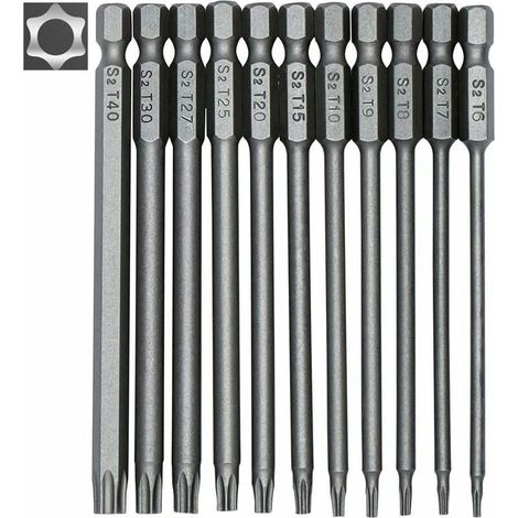 Jeu de 11 embouts longs Torx pour tournevis et visseuse électrique - Embouts magnétiques - Tige hexagonale de 1/4 - Tailles T6 à T40 - Longueur 100 mm (1/5)
