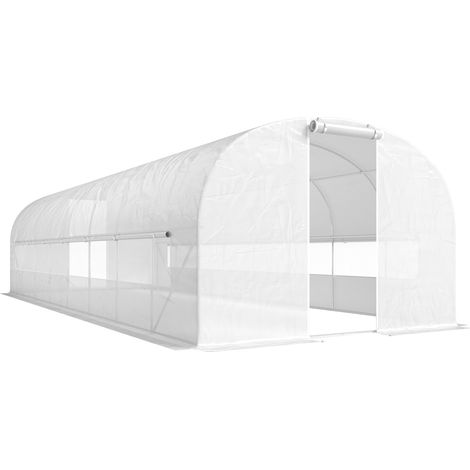 Serre tunnel de jardin 24m², abri de culture avec structure en acier zingué, portes et 2 larges fenêtres, blanc. (1/5)