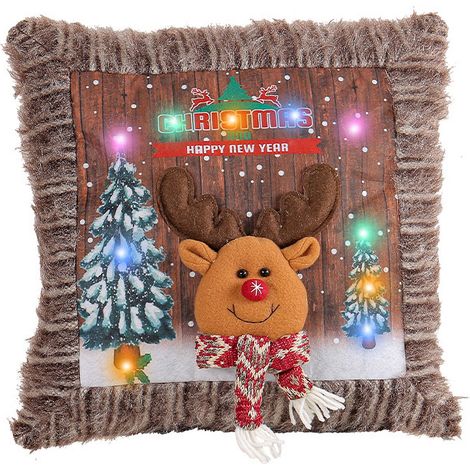 Taie d'oreiller de Noël en peluche phosphorescente, coussin décoratif Père Noël, housse de coussin bonhomme de neige (motif renne) (1/2)