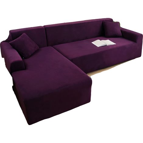 Funda de sofá de terciopelo, diseño en forma de L, tejido de alta elasticidad, color morado, 3 plazas. (1/2)