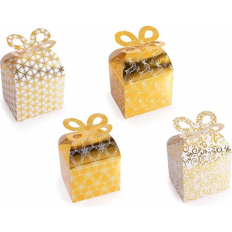 Scatole regalo di Natale in carta con decorazioni dorate natalizie e chiusura a fiocco, set da 48 pezzi, cm9,5x7,5x8H (con fiocco14)