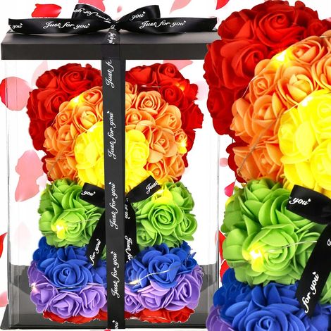 BÄR AUS ROSEN 30 CM ROSE BEAR AUS ROSENBLÄTTERN SCHLEIFE GESCHENKBOX+20LED (1/5)