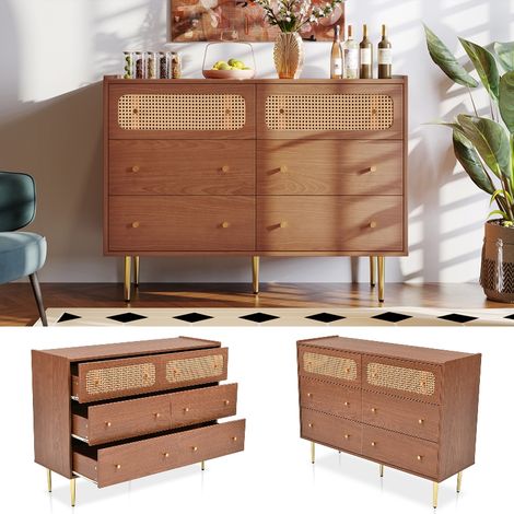 Schubladenkommode mit 6 Schubladen und Rattan-Details, Vintage Sideboard für Schlafzimmer, 120x40x90 cm, Nussbaum-Optik mit Metallbeinen (1/5)