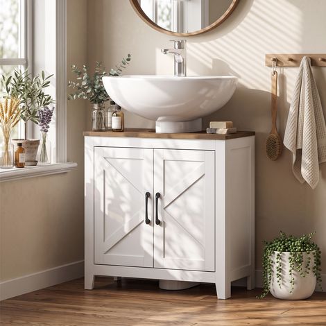 Meuble sous-évier de style rustique avec étagère réglable et 2 portes de style grange, blanc (1/5)