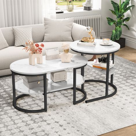 Couchtisch, Wohnzimmertisch, Ovaler Couchtisch mit rundem Beistelltisch, minimalistisches Design mit Stauraumfunktion, Schwarz