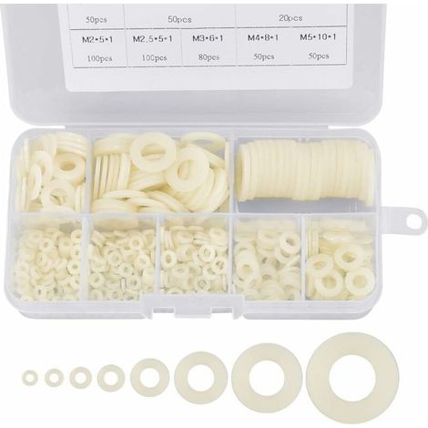 500 pièces rondelles plastique rondelles plates en nylon M2 / M2.5 / M3 / M4 / M5 / M6 / M8 / M10 Rondelle d'Etancheite blanches pour fixations industrielles (1/4)