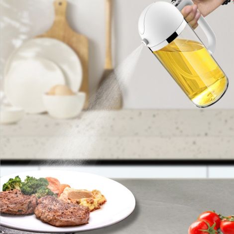 Bouteille pulvérisateur d'huile 2-en-1 en verre, distributeur d'huile d'olive pour cuisine, pressoir pour barbecue, blanc 500 ml, en boîte. (1/5)