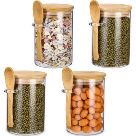 Vorratsgläser mit Deckel und Löffel, 4er-Set 540ml Oats Gläser, Vorratsdosen Glas, Glasbehälter, Meal Prep Glas, Joghurtgläser für Küche Lebensmittelaufbewahrung (4 Pack) (1/5)