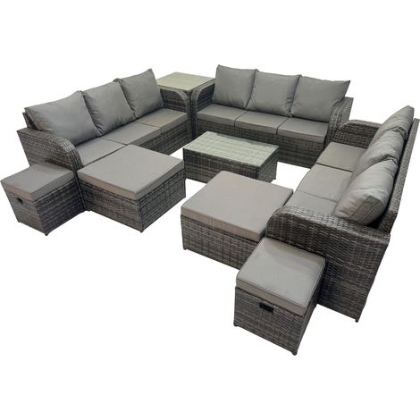 Fimous Outdoor 3 Seater Sofa Coffee Table Set Garden Rattan Furniture Set 13 Seater with Side Table 4 Stools Dark Grey (1/5)
