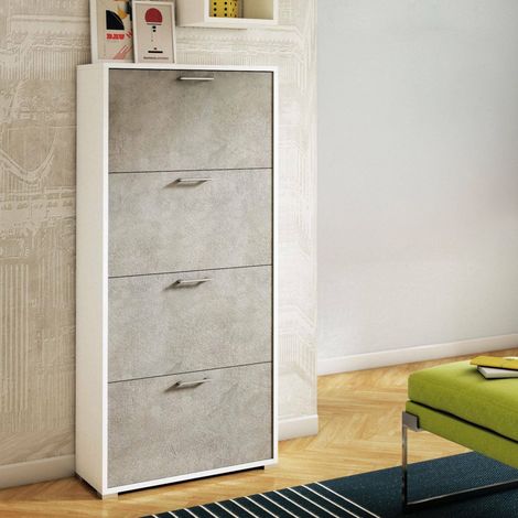 Dmora - Schuhregal Dmarcat, Mehrzweck - Eingangsmöbel mit 4 Klapptüren, Schuhschrank mit doppelter Tiefe, 100% Made in Italy, 67x28h147 cm, Weiß und Beton (1/4)