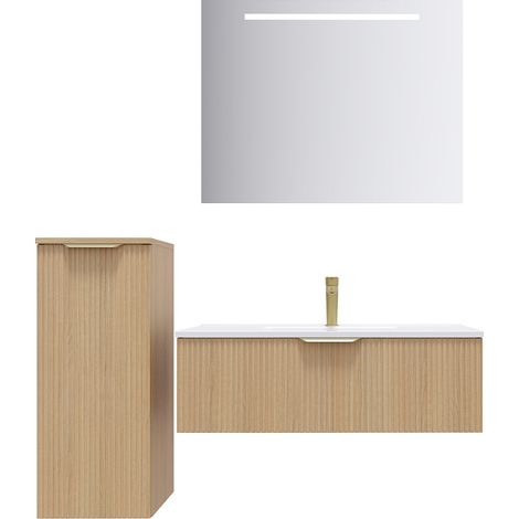 Meuble de salle de bain suspendu vasque intégrée 90cm 1 tiroir Chêne cannelé + miroir + colonne ouverture gauche - Venice (1/5)