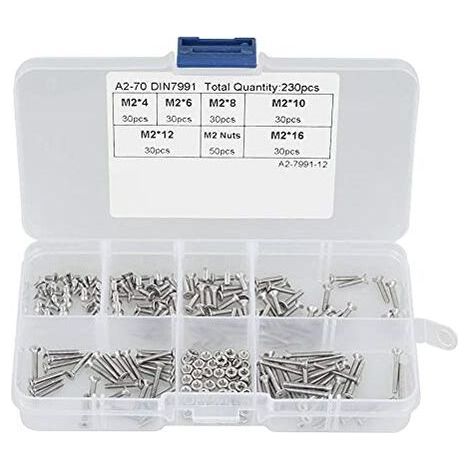 230 pcs M2 304 vis à métaux, Vis cylindriques tête plate boulon en acier inoxydable écrous assortiment kit (1/5)