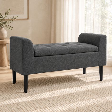 Aufbewahrungsbank, 116 x 44 x 58 cm, dunkelgrauer Leinenoptik-Stoff OKMYHOME (1/5)