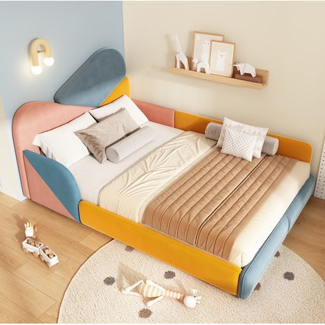 Letto imbottito 140x200 cm in velluto, multicolore con protezione laterale e design basso per bambini (1/5)
