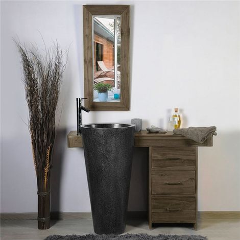Ensemble meuble salle de bain teck 120 cm avec tiroirs et miroir compatible vasque colonne sur pied 45 x 90 cm