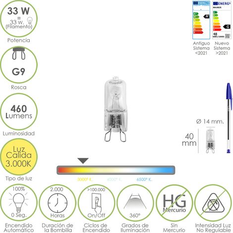 Bombilla Halogena G-9 33 W. 460 lumenes. Luz cálida (3.000ºK)