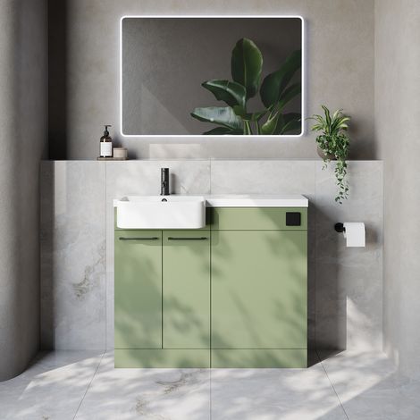 Napoli 250 Olive Green 1000mm 2 Door Vanity Unit Toilet Suite with Left Hand Round Rico Semi Recessed Basin - 1000mm - Matt Black 160mm HandleWithout Kingston Toilet Pan