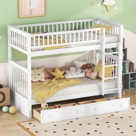 Lit superposés enfant 90 x 200 cm avec 2 tiroirs de rangement Peut être transformé en deux lits structure en bois de pin Blanc (1/5)