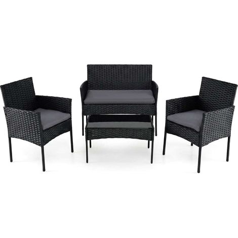 Salon de jardin gris en résine tressée avec fauteuil, 2 chaises, table en verre et coussins pour balcon, terrasse et jardin