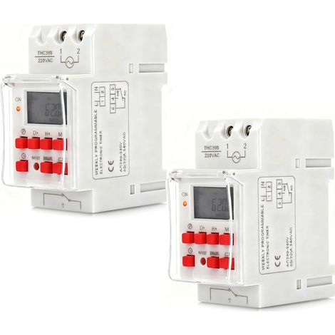 Horloge Modulaire, 2 Pièces Interrupteur Temporisé Programmateur pour Chauffe Eau électrique, 30A Affichage LCD Horloge Chauffe Eau, AC 220‑240V, Montage Rail Din 35mm, Minuterie 1 Seconde (1/5)
