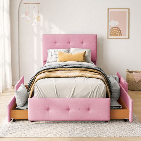 Cama infantil 90x200 cm con 2 cajones, rosa, madera, sin colchón (1/5)