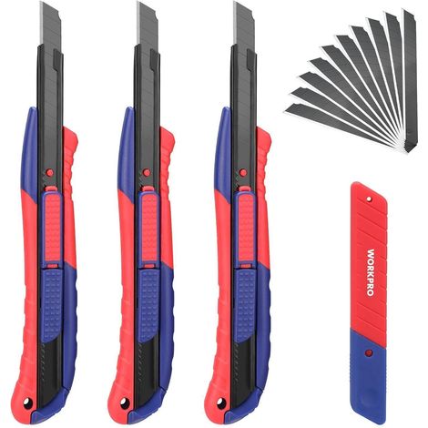 3er Set Cuttermesser 9mm SK5 Klingen +10 Ersatzklingen, Profi Komfortgriff (1/5)