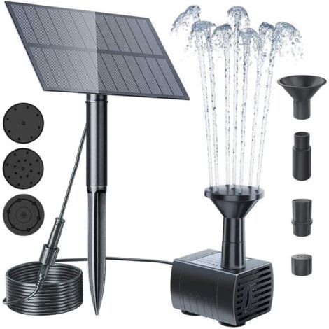 Fontaine solaire extérieure 5W – Pompe à eau pour bassin, bain d'oiseaux, étang, piscine – 4 buses – Débit max. 150L/H – Hauteur max. 45 cm