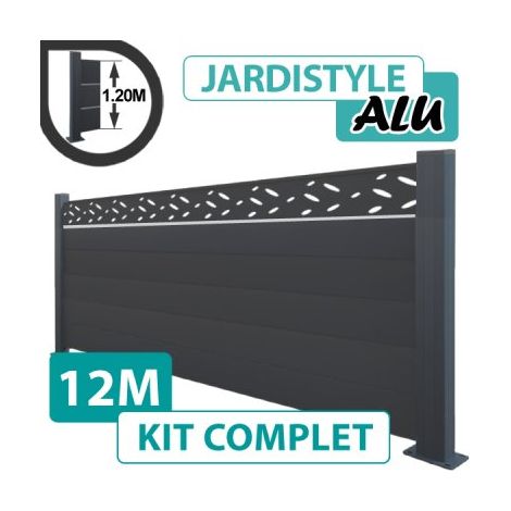 Kit Clôture Aluminium Gris Anthracite 12M - Design avec liseré - Sur Platines - 1,20 mètre