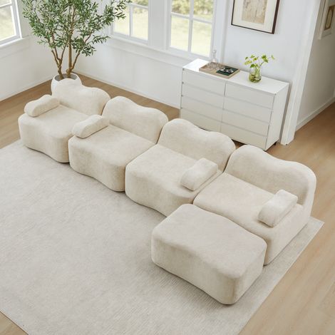 Canapé d'angle convertible 4 places, sans armature, avec pouf assorti, design sinueux, mousse résiliente 32D, accoudoirs déhoussables, étoffe moelleuse, idéal séjour, teinte sable. (1/5)