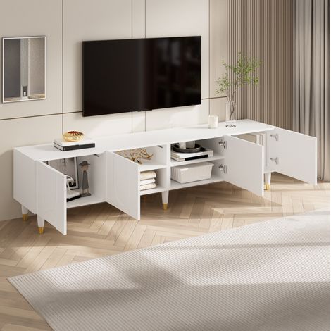 REDOM - Mueble TV 180x40x50 cm, 4 puertas con relieve de arco asimétrico, almacenamiento múltiple, MDF y tablero de partículas, blanco (1/5)