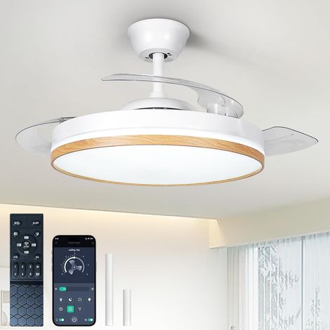 Ventilador de techo Fandelier con luz: Ventilador de techo retráctil de 42 pulgadas con control remoto - Ventilador de techo blanco con acabado imitación madera para dormitorio (1/5)