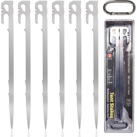 6pcs 28 cm Piquets de tente résistants aux tempêtes en acier inoxydable Piquets de camping stables pour jardin, camping, pêche et tentes (1/5)