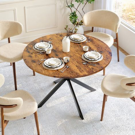 Mesa de comedor redonda marrón estilo industrial, base en X, metal y tablero de partículas, para 4 a 6 personas (1/4)