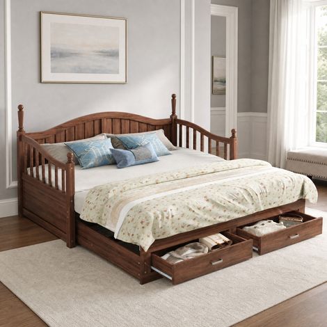 Sofá cama 90x190 cm extensible a 180x190, 2 cajones, nogal, madera, sin colchón FloraGrace (1/5)
