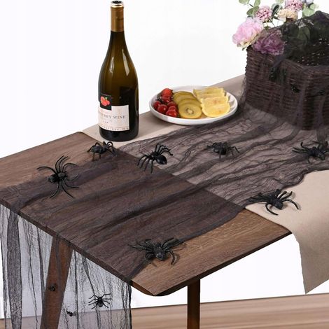 Halloween-Tischläufer mit Spinnennetz-Motiv 60x400 cm + 12 Spinnendekorationen (1/3)