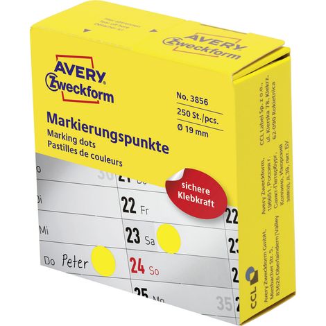 Avery Zweckform 3856 Markierungspunkte, Ø 19 mm, 1 Rolle/250 Etiketten, gelb (1/5)