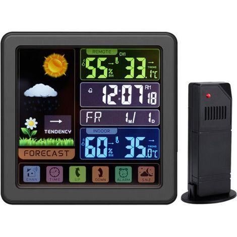 (Noir) Station météo couleur sans fil avec écran tactile complet, horloge météo multifonction sans fil, sécurité enfant, port USB et écran LCD couleur (1/3)