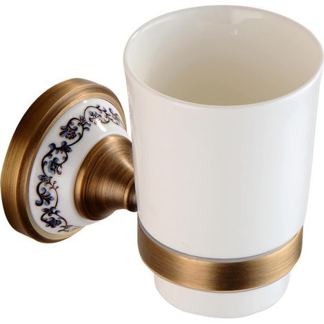Portaspazzolino in ottone color bronzo antico con bicchiere in ceramica bianca, accessori per il bagno, design in porcellana (1/5)