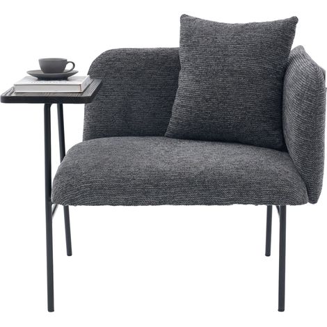 Fauteuil de détente en tissu gris foncé avec table d’appoint intégrée, poches de rangement latérales et structure métal noire – CHICFURN (1/5)