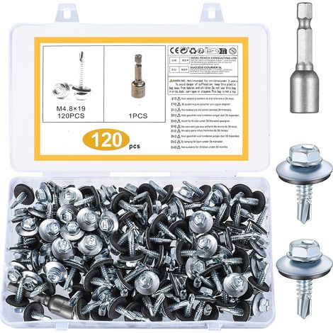 120 Pcs Vis Autoforeuse Metal, 4,8 x 19 mm Vis Autoperforante, Vis Autoforeuse Inox avec Rondelles, Vis Autoperceuses pour Bac Acier, Vis à Tête Hexagonale pour Toiture de Tôles Ondulées (1/5)