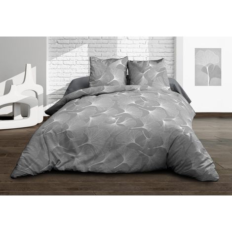Housse de Couette 240x260 + 2 taies - Pur Coton 57 Fils - Biloba Gris (1/5)