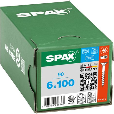 SPAX Vis en acier inoxydable, 6 x 100 mm, 90 pièces, Filetage partiel, Tête fraisée, T-STAR plus T30, 4CUT, Acier inoxydable A2 - 8000000288388