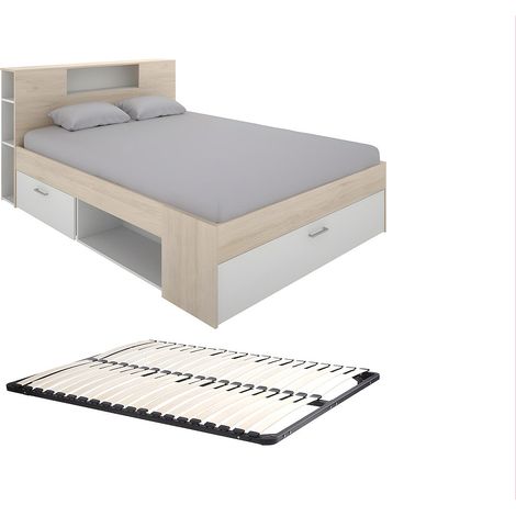 Lit avec tête de lit rangements et tiroirs - 140 x 190 cm - Coloris : Naturel et blanc + Sommier - LEANDRE